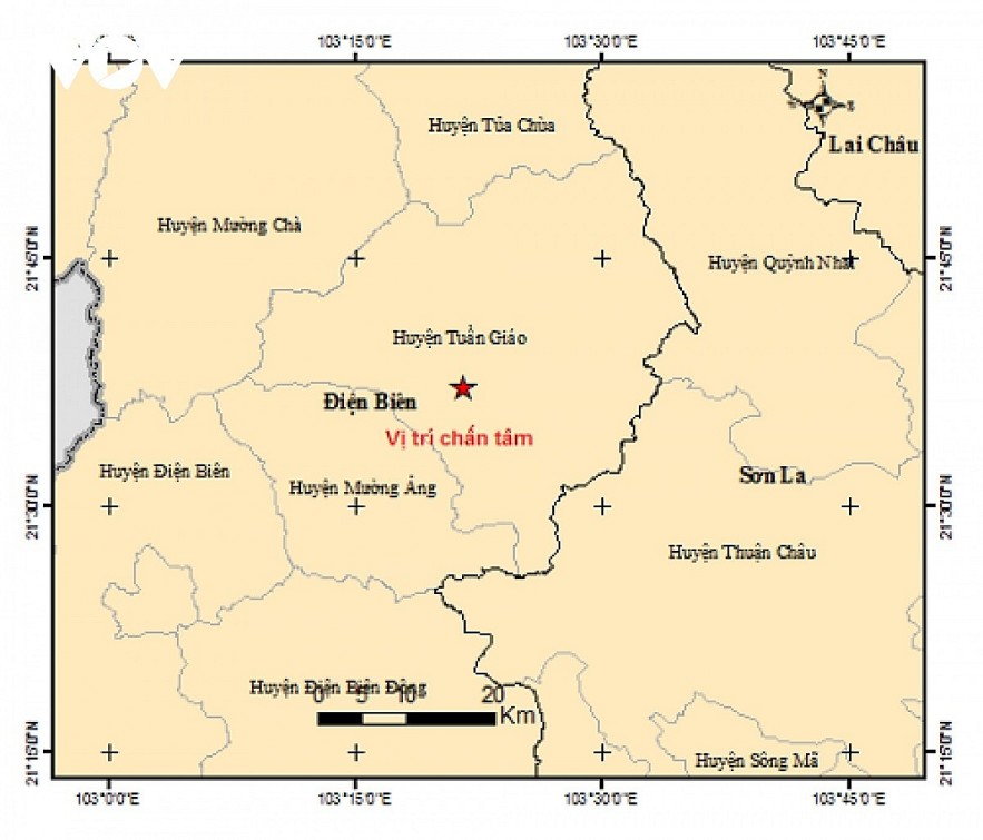 A map shows the location of a magnitude 3.0 earthquake hitting the northern mountainous province of Dien Bien on March 1 evening. (Photo: Institute of Geophysics) A map shows the location of a magnitude 3.0 earthquake hitting the northern mountainous province of Dien Bien on March 1 evening. (Photo: Institute of Geophysics)