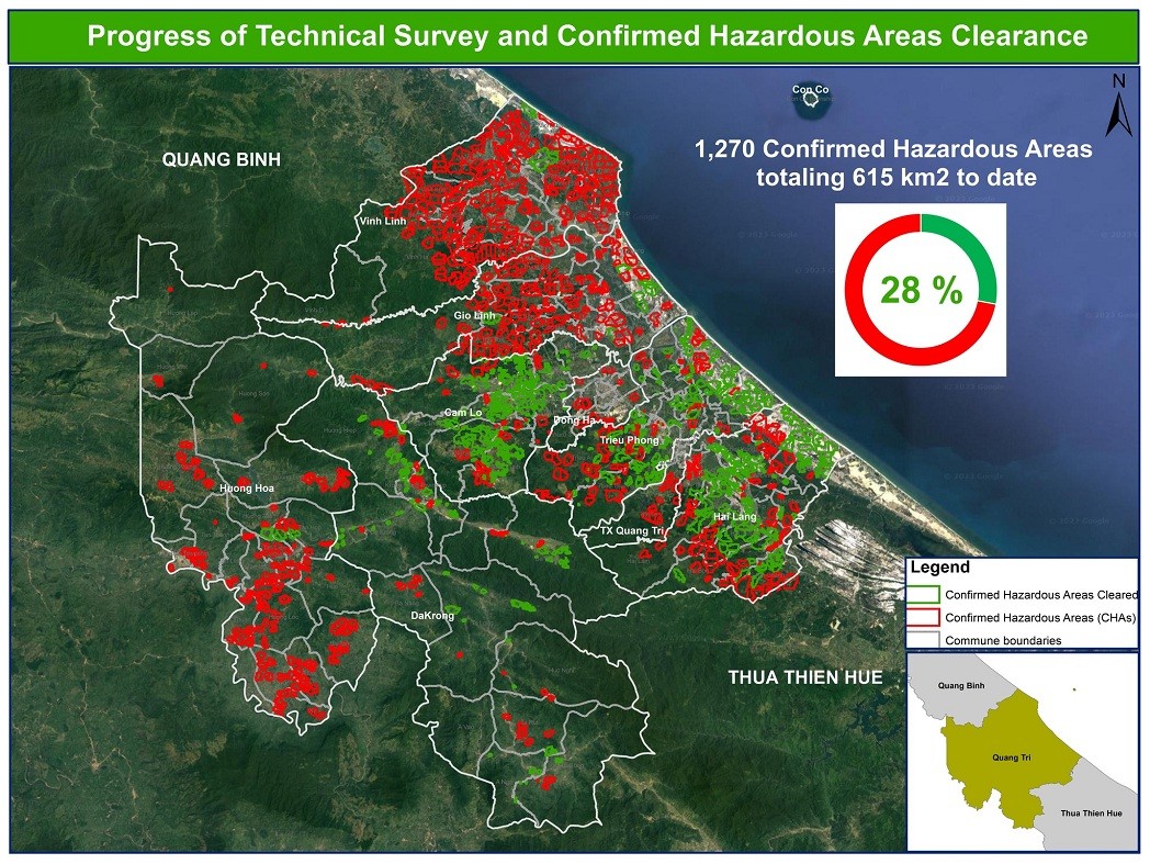 Map illustrating the progress of CHA clearance by INGOs as of 16 April 2023. Source: NPA Vietnam Map illustrating the progress of CHA clearance by INGOs as of 16 April 2023. Source: NPA Vietnam