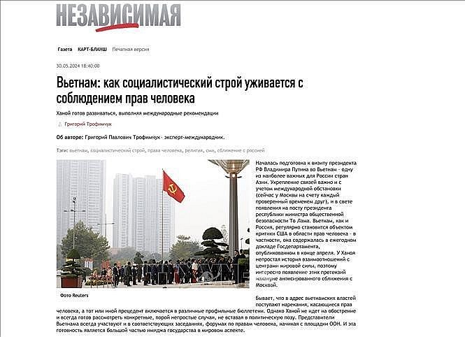 The article on The Independent, a Russian prestigious international news and political analysis site (Photo: VNA) The article on The Independent, a Russian prestigious international news and political analysis site (Photo: VNA)