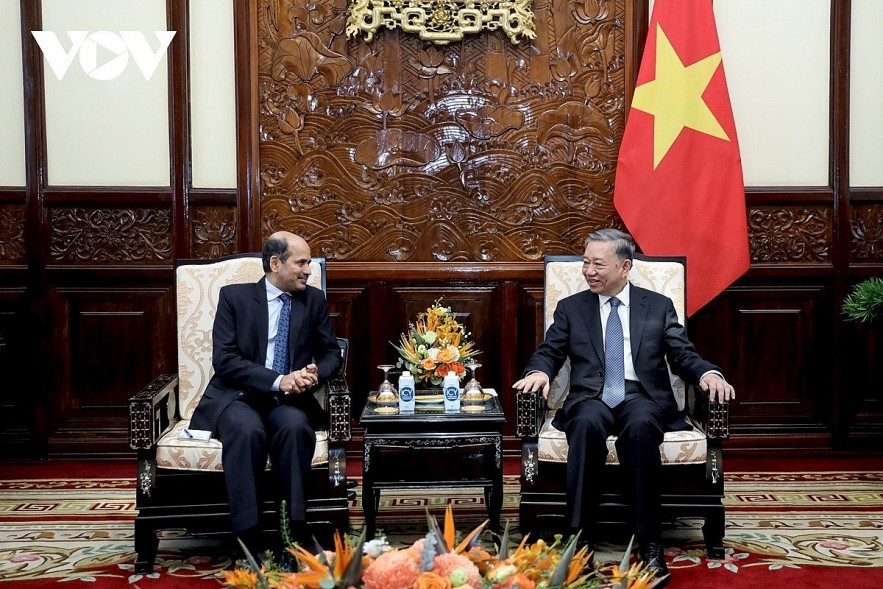 Vietnamese President To Lam (R) and Indian Ambassador to Vietnam Sandeep Ayra during their meeting in Hanoi on June 26.