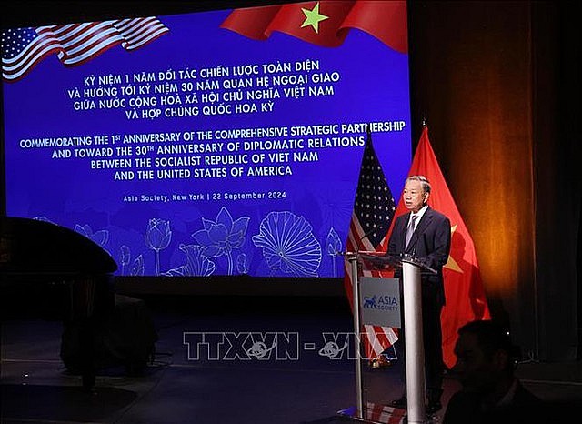 General Secretary and President To Lam addresses a ceremony held in New York, the U.S. on September 22 to mark the first anniversary of the establishment of Viet Nam-U.S. comprehensive partnership. General Secretary and President To Lam addresses a ceremony held in New York, the U.S. on September 22 to mark the first anniversary of the establishment of Viet Nam-U.S. comprehensive partnership.