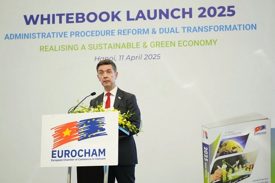 EU Ambassador to Vietnam Julien Guerrier speaks at the event. EU Ambassador to Vietnam Julien Guerrier speaks at the event.