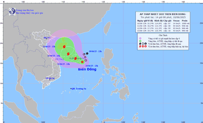 A forecast map shows the tropical depression near the Paracel Islands, expected to intensify into a storm by June 11. Photo: National Center for Hydro-Meteorological Forecasting. A forecast map shows the tropical depression near the Paracel Islands, expected to intensify into a storm by June 11. Photo: National Center for Hydro-Meteorological Forecasting.
