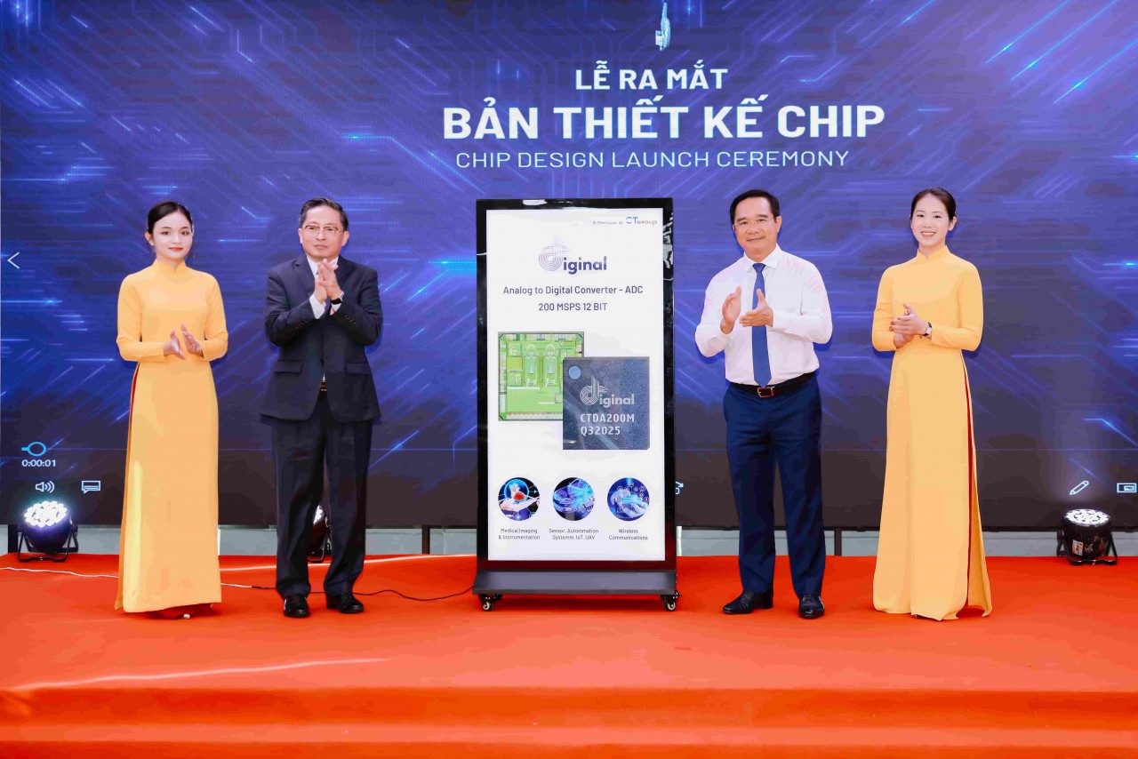 Mr. Nguyen Van Đuoc - Member of CPV Central Committee, Deputy Secretary of the municipal Committee, Chairman of Ho Chi Minh City People's Committee (right), and Mr. Tran Kim Chung - Chairman of CT Group, at the Launch Ceremony of the Vietnamese-designed IoT chip