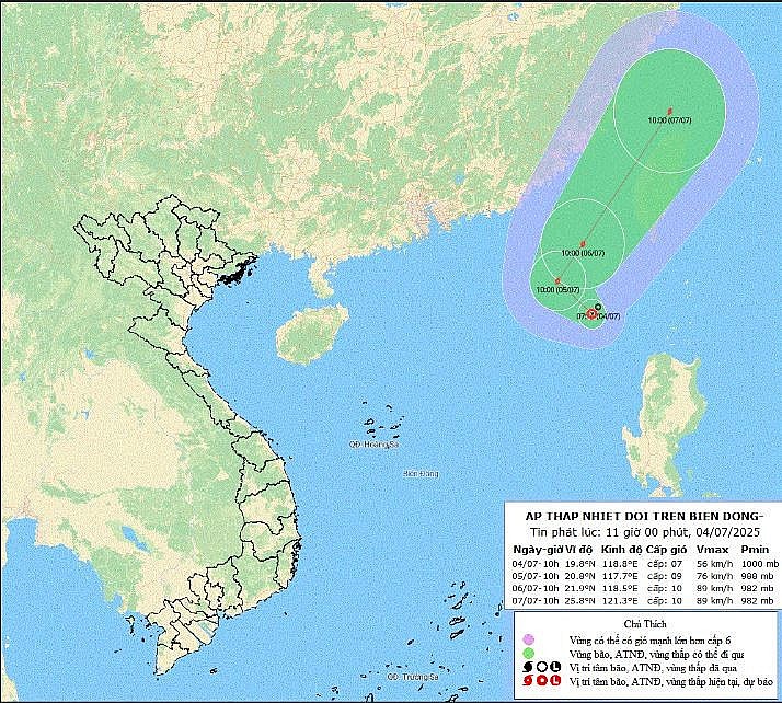  Projected path of the tropical depression as of 11:00 AM on July 4. Source: NCHMF