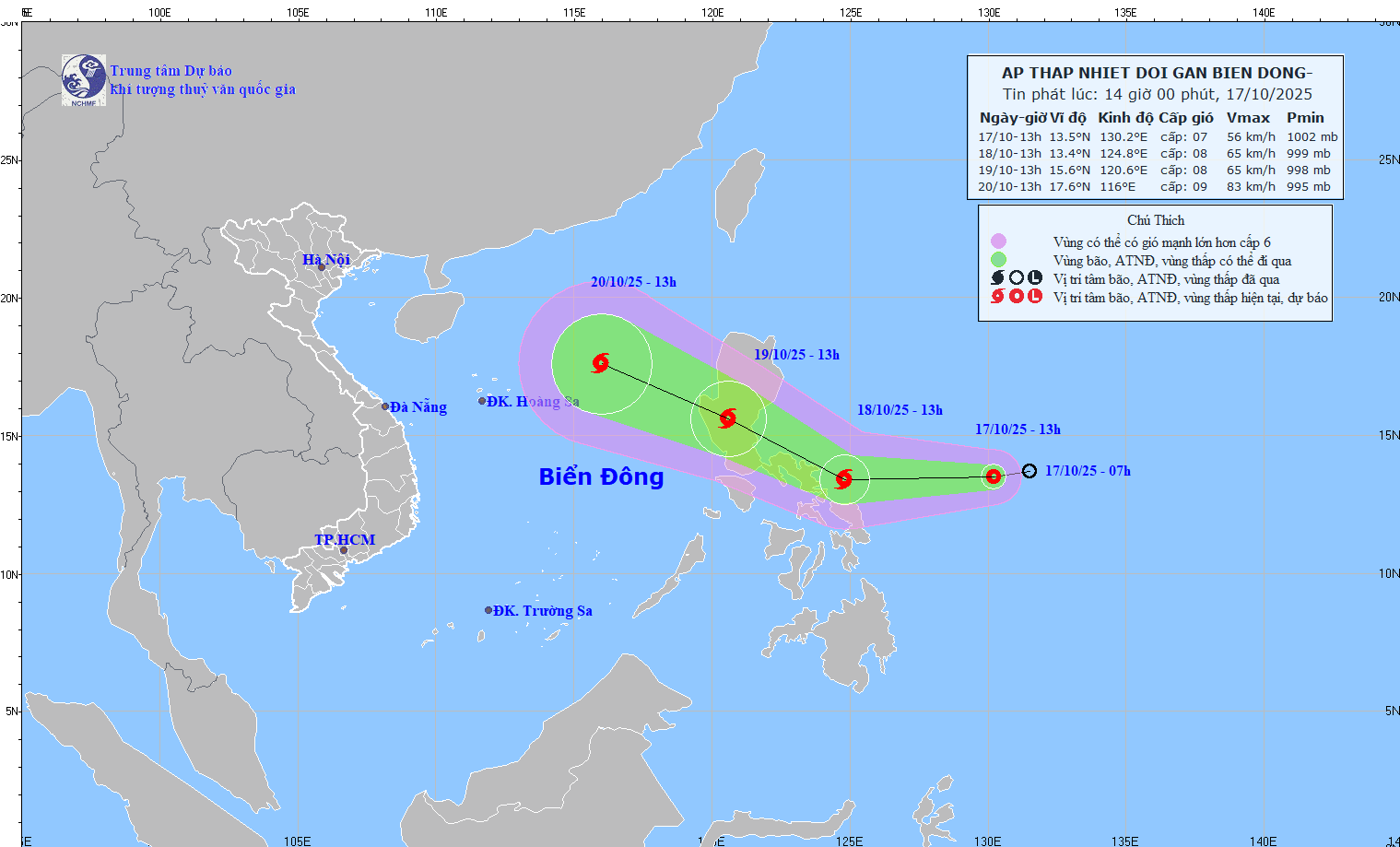 Projected path of the tropical depression near the East Sea as of the afternoon of October 17. Source: NCHMF Projected path of the tropical depression near the East Sea as of the afternoon of October 17. Source: NCHMF