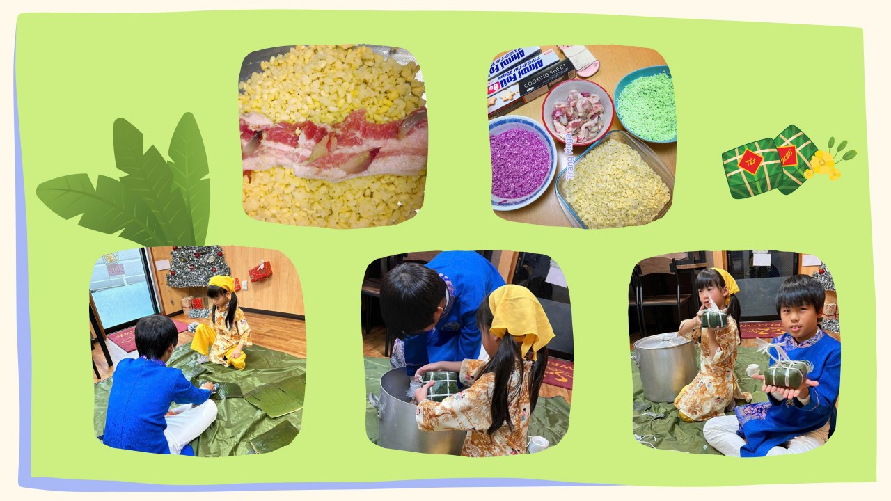 Trang’s children learn to make Banh Chung.