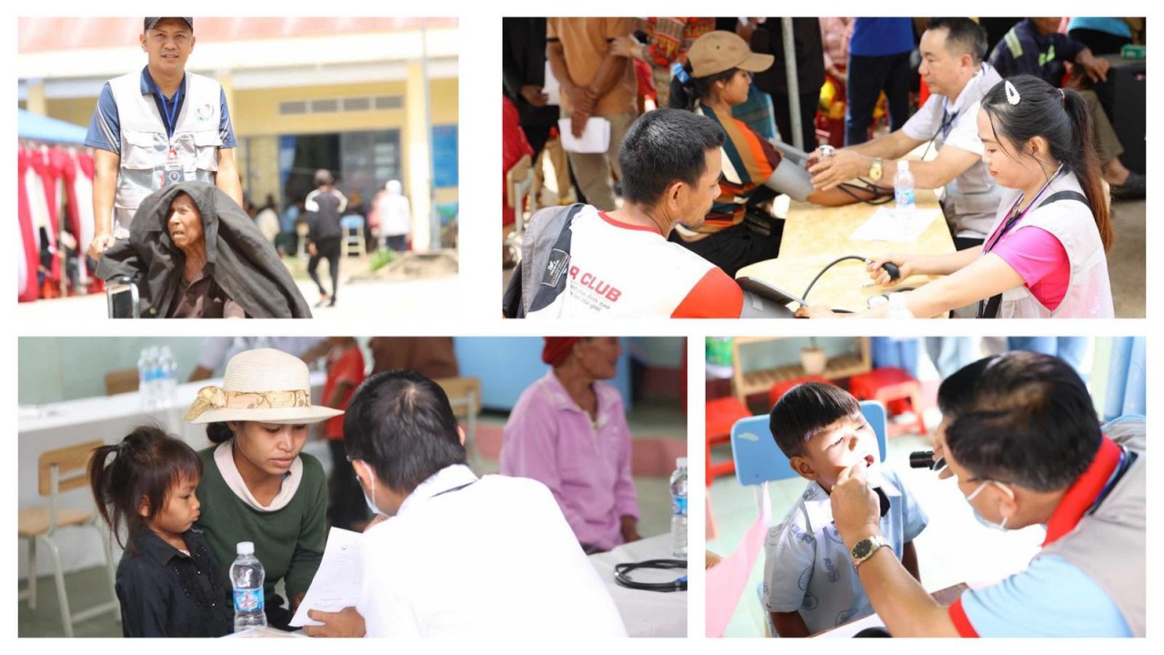 Volunteer doctors and nurses examine and give free medicine to local people.