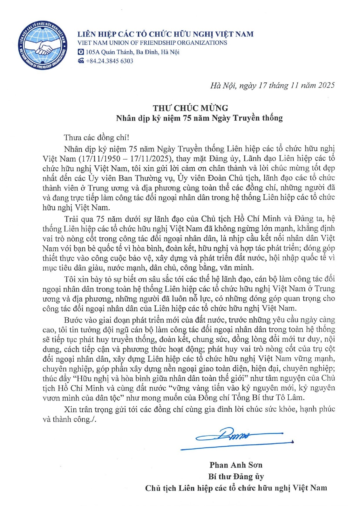 Congratulatory Letter from the President of the Viet Nam Union of Friendship Organizations Congratulatory Letter from the President of the Viet Nam Union of Friendship Organizations