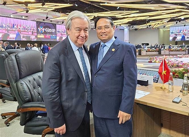 Prime Minister Pham Minh Chinh (R) meets with UN Secretary-General Antonio Guterres. (Photo: VNA) Prime Minister Pham Minh Chinh (R) meets with UN Secretary-General Antonio Guterres. (Photo: VNA)
