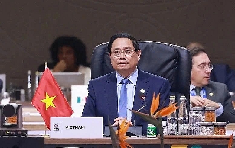 Vietnamese Prime Minister Pham Minh Chinh speaks at the G20 Summit in Johannesburg, South Africa.