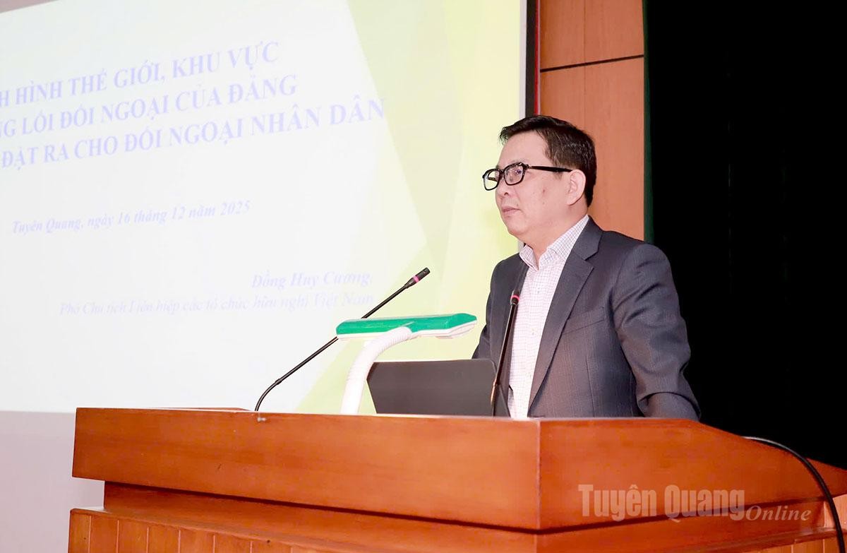 Vice President of the Viet Nam Union of Friendship Organizations Dong Huy Cuong shares at the conference (Photo: Tuyen Quang Online).