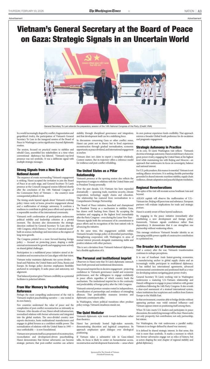 The article was published in The Washington Times on February 19. (Photo: VNA) The article was published in The Washington Times on February 19. (Photo: VNA)