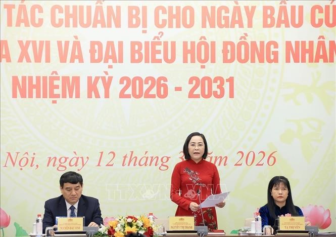 Nguyen Thi Thanh, Member of the Party Central Committee, Vice Chairwoman of the National Assembly and Member of the National Election Council, speaks at the event. (Photo: Tuan Anh/VNA)