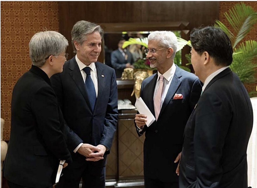 India's External Affairs Minister Dr. S. Jaishankar in conversation with Australia's Foreign Minister Penny Wong, U.S. Secretary of State Antony Blinken, and Japan's Foreign Minister Yoshimasa Hayashi at the Quad foreign ministers' meeting held on the sidelines of the G20 FMM in New Delhi, on 3 March 2023. Image source: ANI