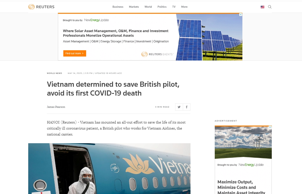 reuters lauds vietnams determination to save the critical covid 19 british pilot