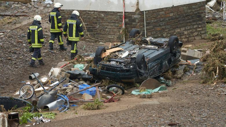 Deadly flooding in western Europe Firefighters walk past a car that was damaged by flooding in Schuld, Germany. Photo: CNN Deadly flooding in western Europe Firefighters walk past a car that was damaged by flooding in Schuld, Germany. Photo: CNN