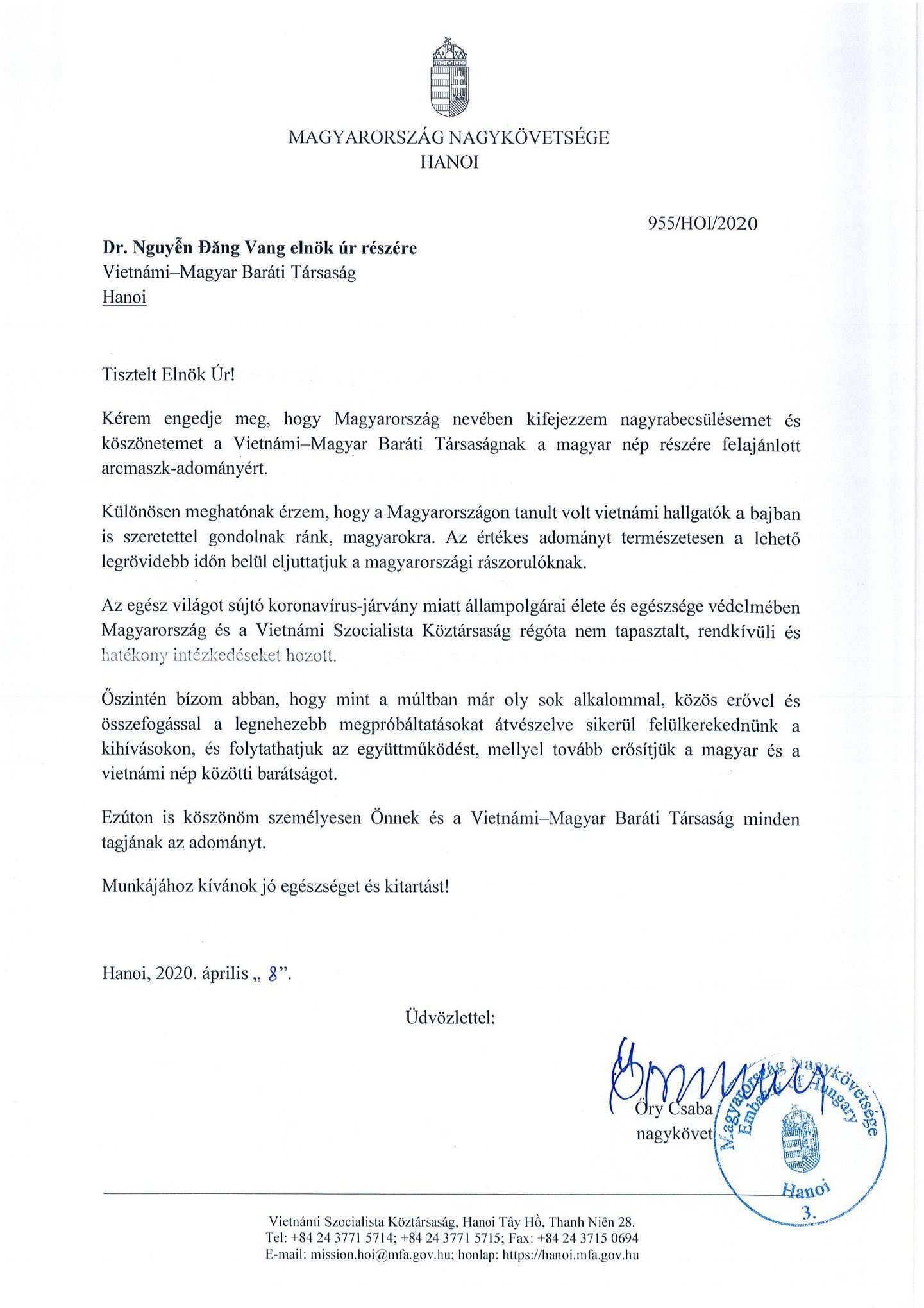 Hungarian thankful letter sent to Vietnam–Hungary Friendship Association for Covid-19 fight assistance covid 19 fight ambassador sends thank you letter to vietnam hungary friendship association
