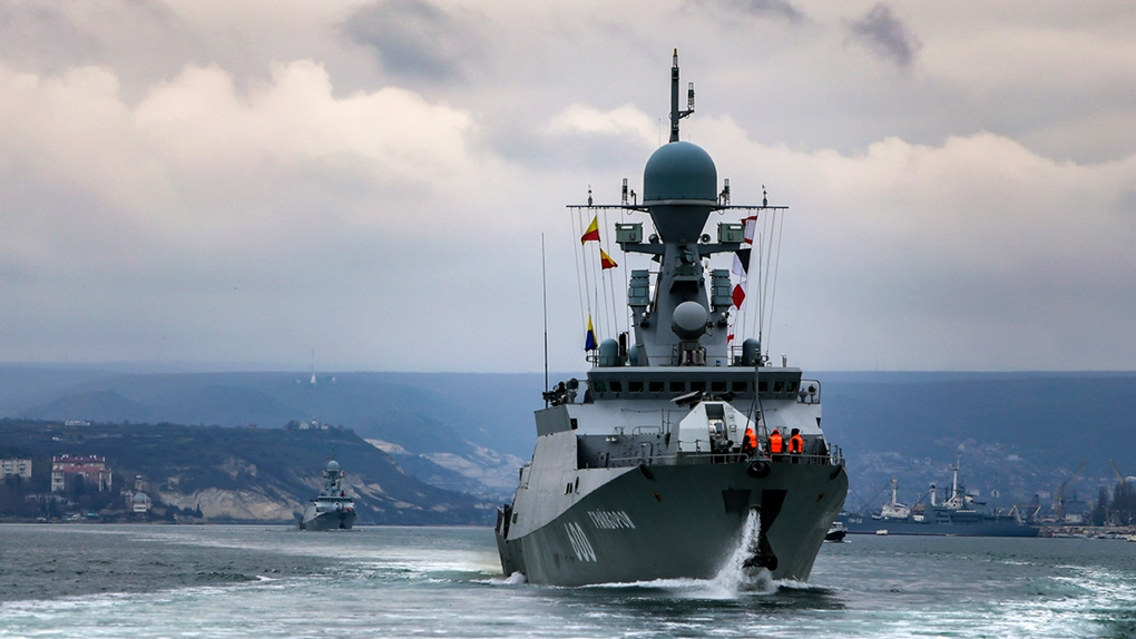This handout photo released on Wednesday, April 14, 2021 by Russian Defense Ministry Press Service shows, Russian navy ships are seen during navy drills in the Black Sea. (Russian Defense Ministry Press Service via AP) This handout photo released on Wednesday, April 14, 2021 by Russian Defense Ministry Press Service shows, Russian navy ships are seen during navy drills in the Black Sea. (Russian Defense Ministry Press Service via AP)