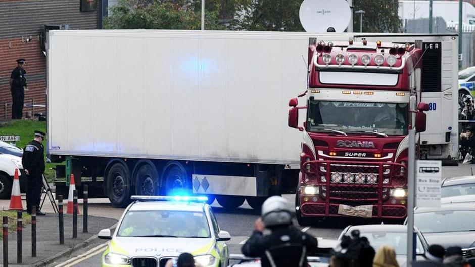 The lorry is taken away after the discovery of 39 bodies in October 2019. Getty The lorry is taken away after the discovery of 39 bodies in October 2019. Getty