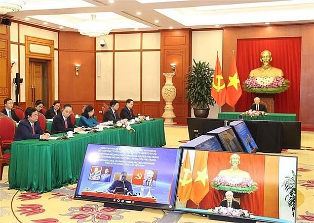 General Secretary of the Communist Party of Vietnam (CPV) Central Committee Nguyen Phu Trong holds online talks with President of the Liberation Front of Mozambique (FRELIMO) and President of the Republic of Mozambique Filipe Jacinto Nyusi. (Photo: VNA)