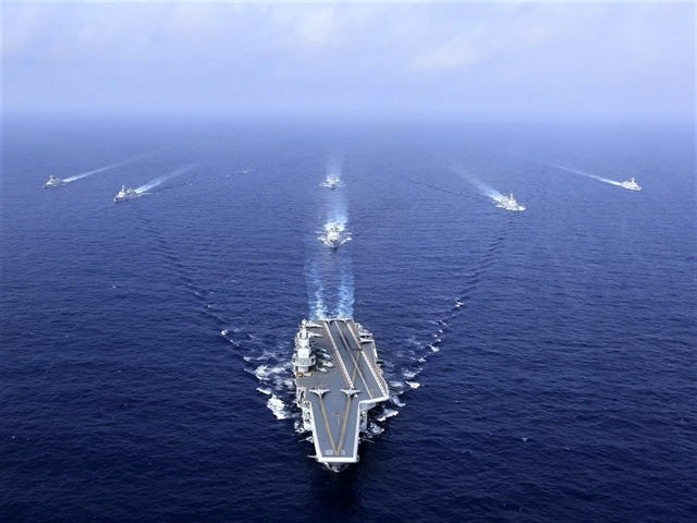 China's Liaoning aircraft carrier sailing during a drill in the South China Sea in 2018. — AFP/VNA Photo