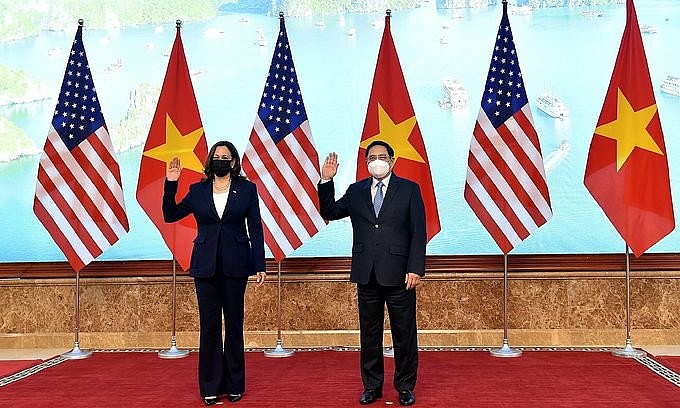 U.S. Vice President Kamala Harris and Vietnam's Prime Minister Pham Minh Chinh during a meeting at the Government Office in Hanoi, August 25, 2021. Photo by VnExpress/Giang Huy U.S. Vice President Kamala Harris and Vietnam's Prime Minister Pham Minh Chinh during a meeting at the Government Office in Hanoi, August 25, 2021. Photo by VnExpress/Giang Huy