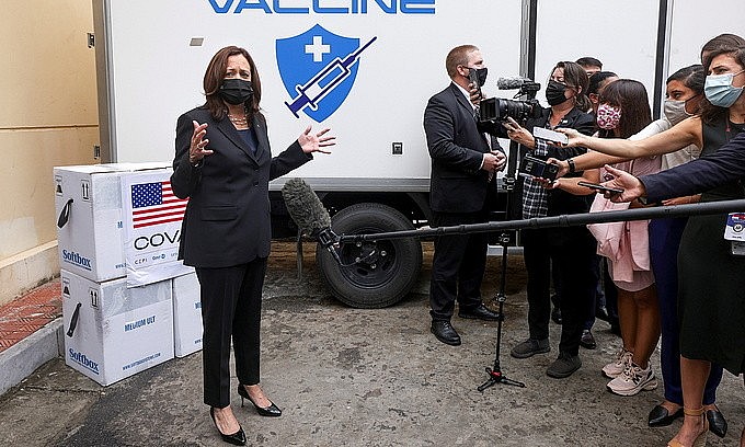 U.S. Vice President Kamala Harris speaks with the media as she visits the National Institute of Hygiene and Epidemiology where nearly 270,000 doses of Pfizer vaccine arrived earlier in the morning, in Hanoi, Vietnam, August 26, 2021. Photo by Reuters/Evelyn Hockstein U.S. Vice President Kamala Harris speaks with the media as she visits the National Institute of Hygiene and Epidemiology where nearly 270,000 doses of Pfizer vaccine arrived earlier in the morning, in Hanoi, Vietnam, August 26, 2021. Photo by Reuters/Evelyn Hockstein