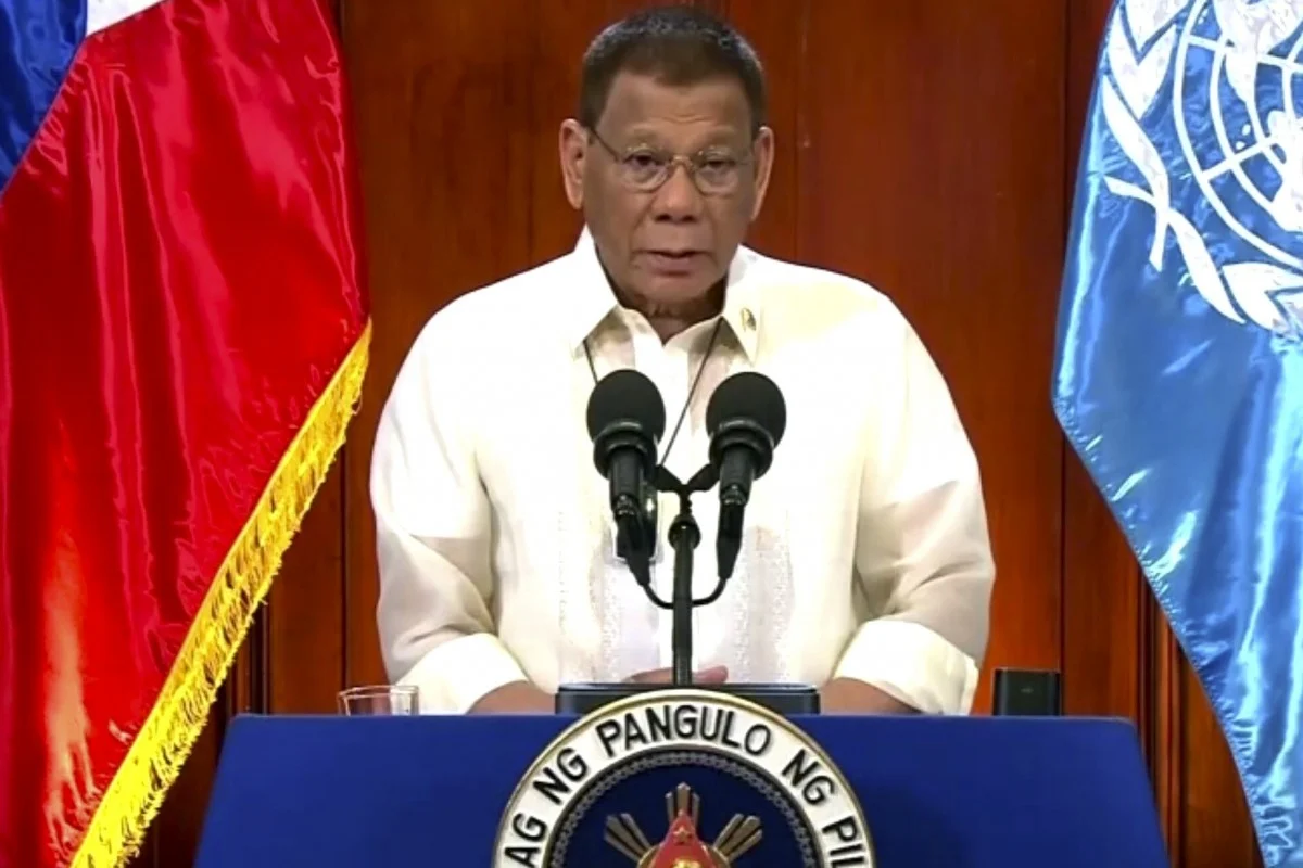 Rodrigo Duterte, president of the Philippines, speaks in a pre-recorded message that was played during the 75th session of the United Nations General Assembly on Tuesday. Photo: UNTV via AP 4534 philippine president 2