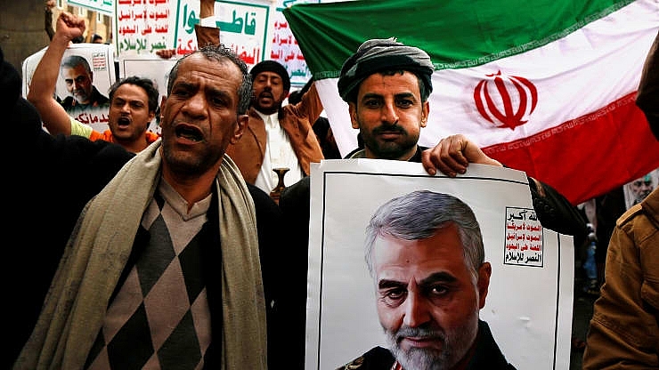People gather to protest the US air strike in Iraq that killed Iranian commander Qasem Soleimani, who headed Iran’s Revolutionary Guards’ elite Quds force in Sanaa, Yemen on January 6, 2020. Mohammed Hamoud | Andalou Agency | Getty Images 0215 soleimani iran 1