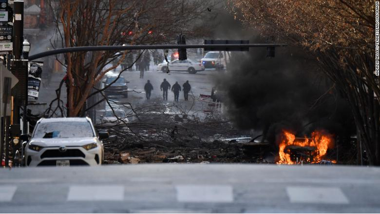 A vehicle is on fire after an explosion in Nasvhille on Friday, December 25, 2020. 4650 nav3